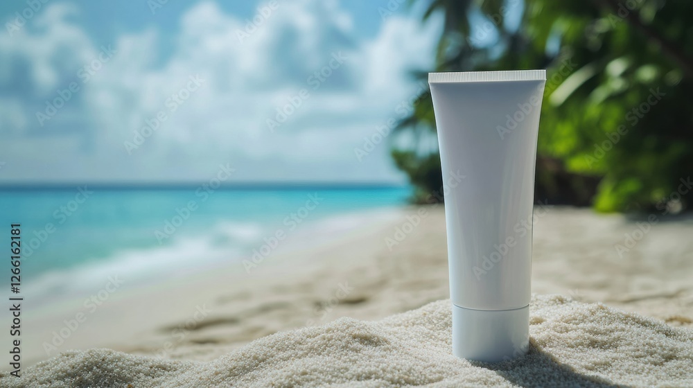 Poster cosmetics cream tube resting on sand with tranquil beach and vibrant palm trees in the background du