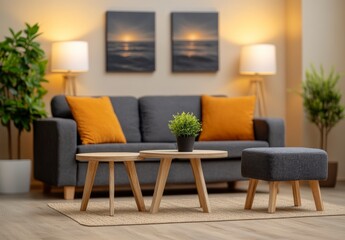 Cozy living room interior with modern furniture, decorative plants, and soft illumination in warm tones