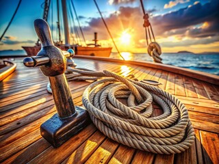 Obraz premium Vintage Sailing Boat Deck: Iron Grappling Anchor & Rope