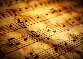 Vintage Sheet Music Background: Aged Musical Notes & Lyrics on Paper