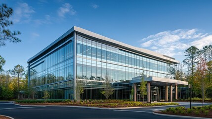 Obraz premium Modern Glass Office Building Amidst Lush Greenery