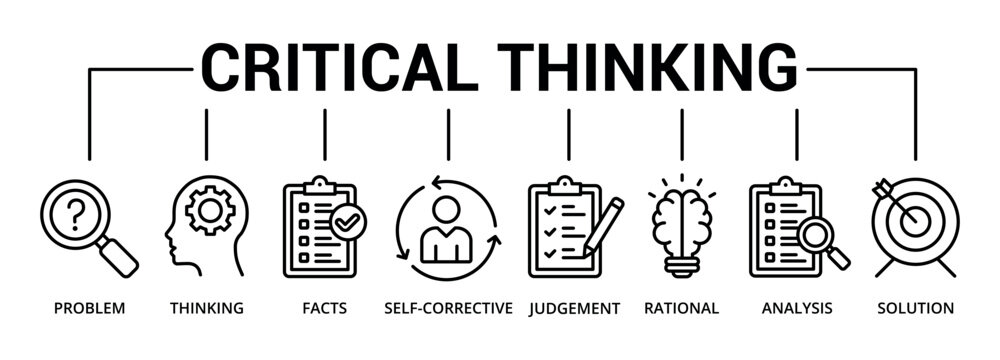 Critical thinking banner icon with problem, thinking, facts, self-corrective, judgement, rational, analysis, solution