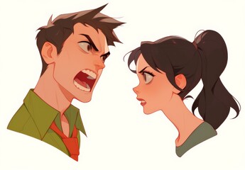 Angry cartoon couple with wide eyes and open mouths, side by side