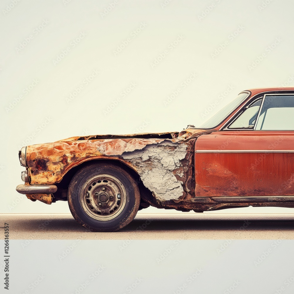 Poster Comparison of a dented and rusted car side by side with a perfectly repaired vehicle showing stark contrast in condition. Generative AI
