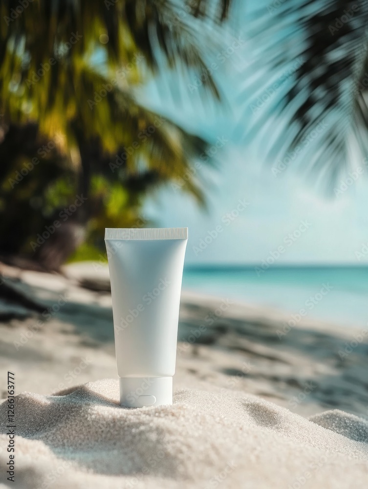 Poster cosmetics cream tube on sandy beach with palm trees and ocean view in bright daylight. generative ai