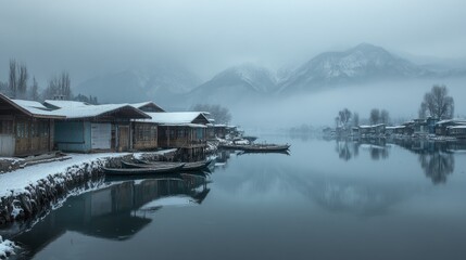 Fototapeta premium A serene winter morning at Dal Lake, with mist rising above the icy water, shikaras docked along the shore, and the Himalayan mountains in the background.