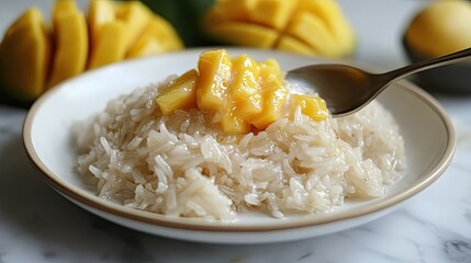 A spoon scooping sticky rice covered in coconut milk, with ripe mango slices in the background on a white plate
