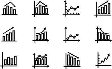 Bar chart icons.Growing chart with arrow.Business graph  icons.Statistic charts diagrams with down or up arrows. Vertical bar chart with different heights.Data analytics vector icons.
