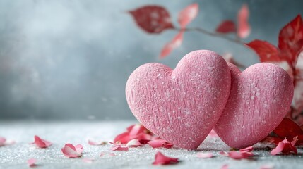 Fototapeta premium Two red romantic hearts with autumn leaves on a frosty background