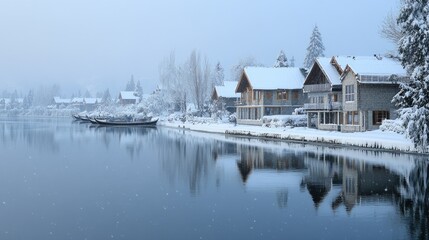 A winter wonderland view of Dal Lake, as snow gently falls over the houseboats, shikaras, and the frozen waters of Srinagar, Kashmir.