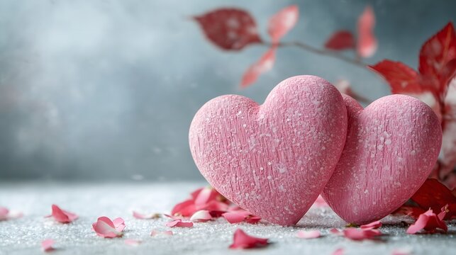 Two red romantic hearts with autumn leaves on a frosty background
