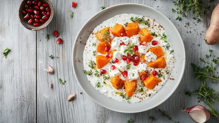 An elegant dish of sweet potatoes and feta cheese, garnished with pomegranate seeds and herbs, placed on a grey wooden surface with room for text