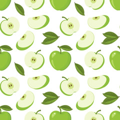 Green apples seamless pattern. Seamless pattern with apples whole and sliced. Illustration