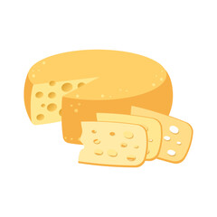 Swiss cheese wheel and slices. Cheese icon. Cheese and pieces of cheese. Illustration