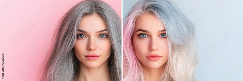 Poster transformation from gray to vibrant dyed hair showcases a new look for enhanced self expression and 