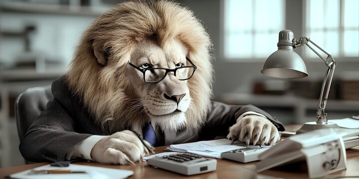 Lion accountant finances in office setting professional environment close-up view corporate concept - Powered by Adobe