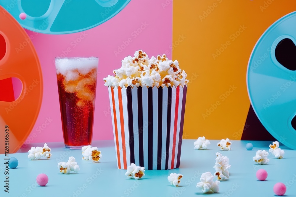 Poster Colorful popcorn bucket and drink create a vibrant movie time atmosphere on a playful background. Generative AI