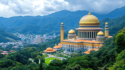 Obraz premium Majestic mosque, mountain view, city backdrop, travel