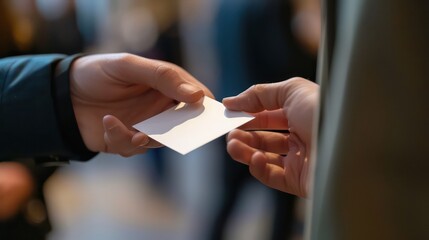 Close-up image of hands exchanging blank business cards