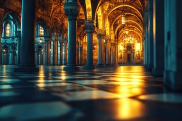 Illuminated Hallway Of Ancient Architectural Columns And Arches