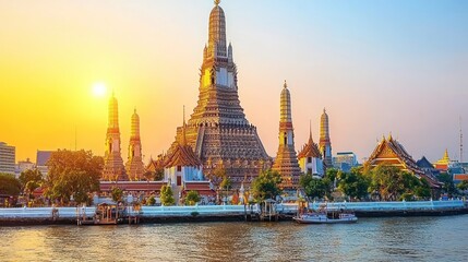 Naklejka premium Arun Temple at Sunset Riverfront Bangkok Thailand