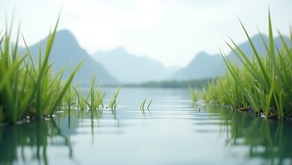 Green reeds by still water - tranquility and growth - nature photography, peaceful screensaver