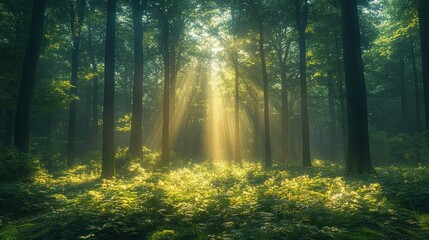Obraz premium Sunlight streams through forest canopy, illuminating woodland floor