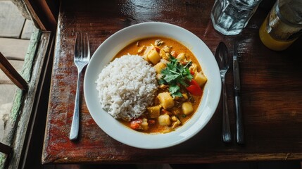 Flat lay of a Thai green curry meal, featuring a bowl of curry, jasmine rice, and fresh herbs, placed on a wooden table.