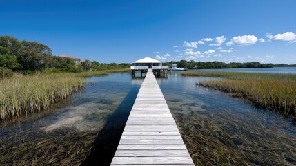 White dock house on tranquil water. Peaceful waterfront