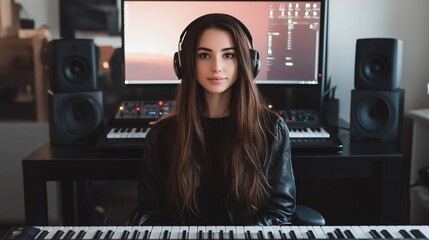 Young Female Music Producer in Home Studio Setting, Focused on Keyboard and Headphones