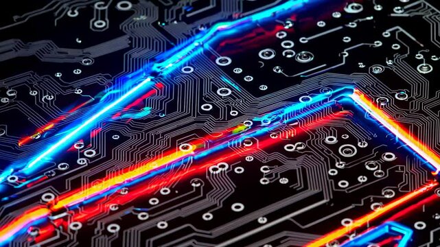 Closeup of vivid glowing lights illuminating paths on circuit board with electronic components, modern microelectronics and advanced technology concept
