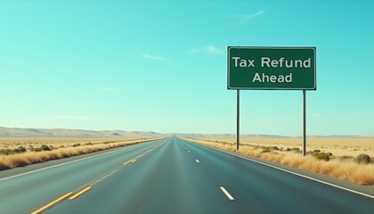 Tax Refund Ahead sign on a road under a clear blue sky
