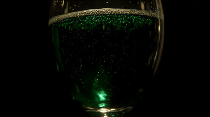 Green bubbly drink in glass, dark background