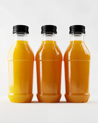 Bottles filled with fresh orange juice on a clean background in a simple arrangement