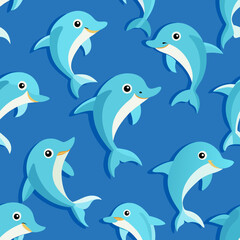 Seamless pattern with cardboard dolphins. Hand drawn vector background. Retro modern texture for textile, wrapping paper.