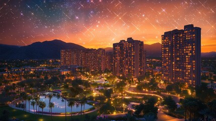 Naklejka premium Nighttime cityscape illuminated buildings scenic view