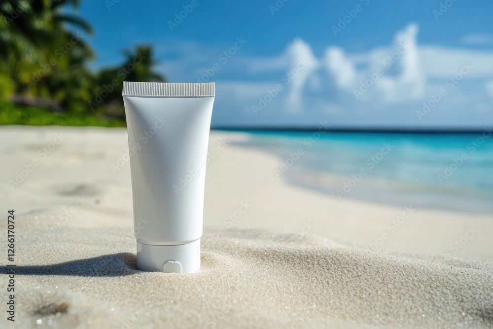 Poster cosmetics cream tube on sandy beach with blue ocean and clouds in background during sunny day. gener