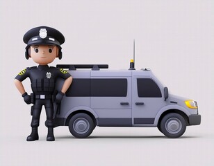 3D cartoon police officer stands proudly beside his police van