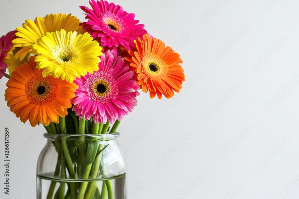 Poster bright and colorful gerbera daisies arranged in a glass vase on a plain background. generative ai