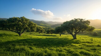 Lush green field with scattered trees under a clear blue sky, creating a peaceful and idyllic scene
