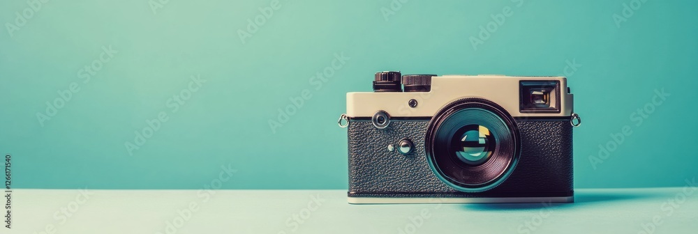 Fototapete classic camera on a turquoise background with soft shadows creating an artistic atmosphere for photo