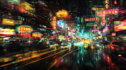 Obraz premium A dark city skyline with light trails, darting neon lights, and glowing holograms of futuristic signs.