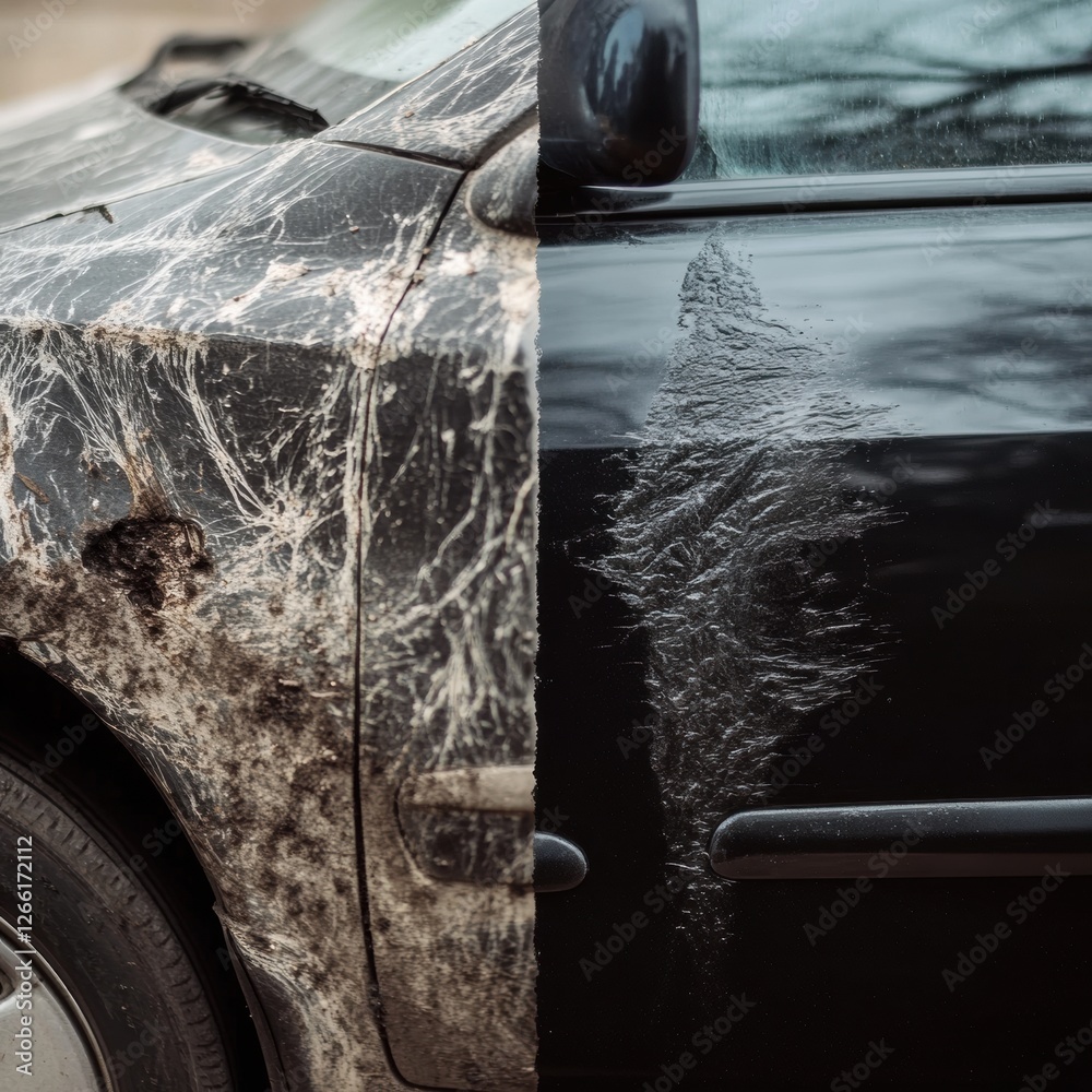 Poster comparison of a scratched dirty car and a shiny polished vehicle showing the impact of car maintenan