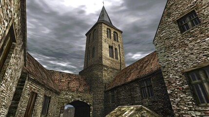 Fototapeta premium Medieval town square, church tower, cloudy sky, narrow alley