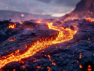 Molten lava flows across volcanic rock, fiery landscape