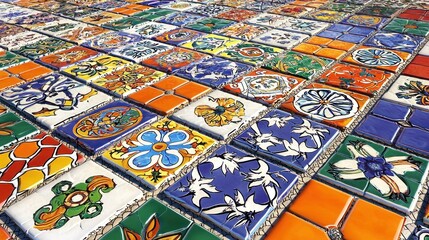 Naklejka premium Colorful patterned ceramic tiles, outdoor display, sunny day, decorative background