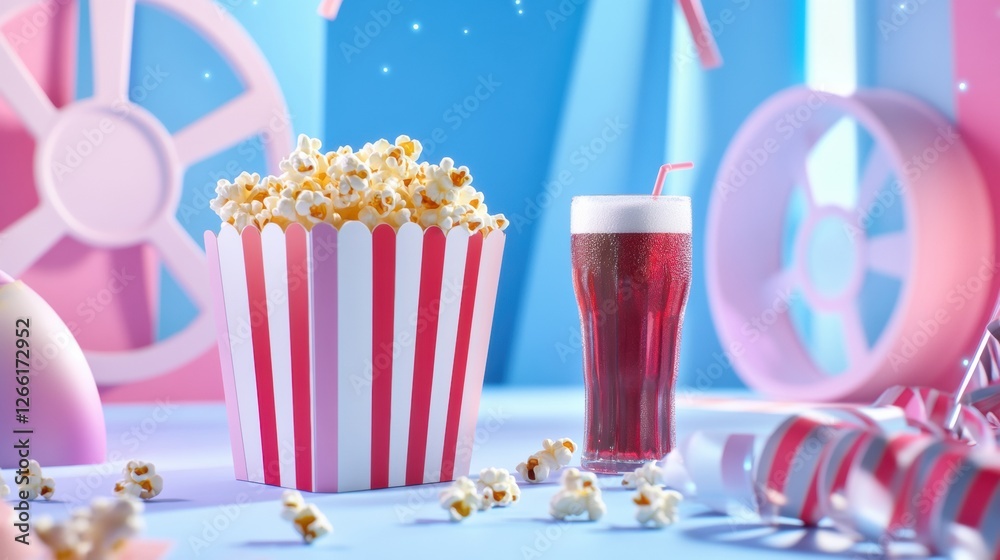 Poster Enjoying colorful popcorn and soda in a bright fun setting for a movie night at home. Generative AI