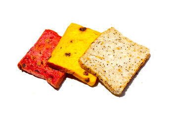 Whole grain bread slices on blue background.