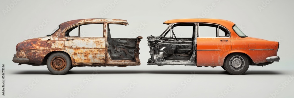 Poster transforming a dented and rusted car into a perfectly repaired vehicle showcases restoration efforts