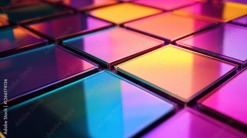 Poster close up view of colorful iridescent glass tiles arranged in a geometric pattern, creating a vibrant